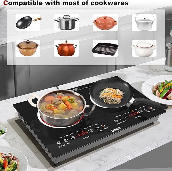 Karinear 2 Burners Electric Cooktop 24 Inch, 110v~120v Countertop and Built-in Elecric Stove Top, Portable Electric Radiant with Outlet Plug, Sensor Touch, Child Safety Lock, Timer(white)