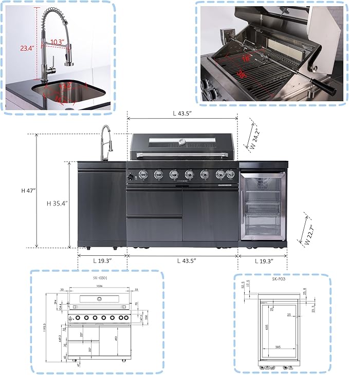 Outdoor Kitchen Island, 82 Inch 6 Burner Gas Grill Combination With Refrigerator and Sink, Outdoor Stainless Steel Barbecue Bar, 85000 BTU Propane Grill for Patios, Gardens, Parties