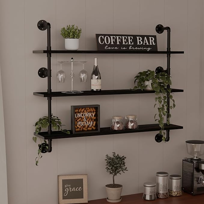 Industrial Pipe Shelving Rustic Black Wall Shelves with Wood Planks Industrial Floating Shelves 48 Inch 3 Tier Farmhouse Bookshelf Pipe Shelves Wall Mounted,Open Shelving For living room/office