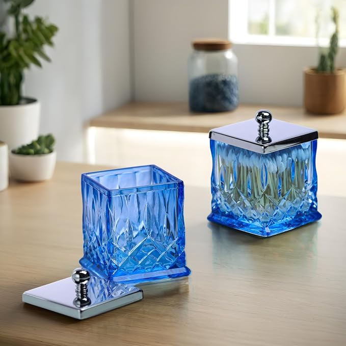 15Oz Blue Q-Tip Holder, Square Thick Glass & Metal Lid - Image 2