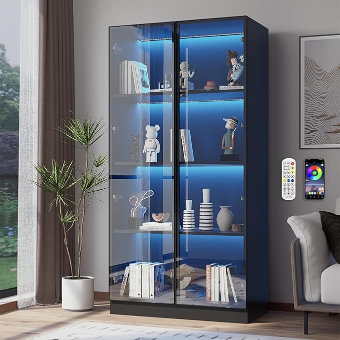 Glass Display Cabinet with LED Lights, Display Case Bookcase with 4-Tier Shelves, Curio Cabinet with 2 Glass Doors, Storage Cabinet for Collectibles, Living Room