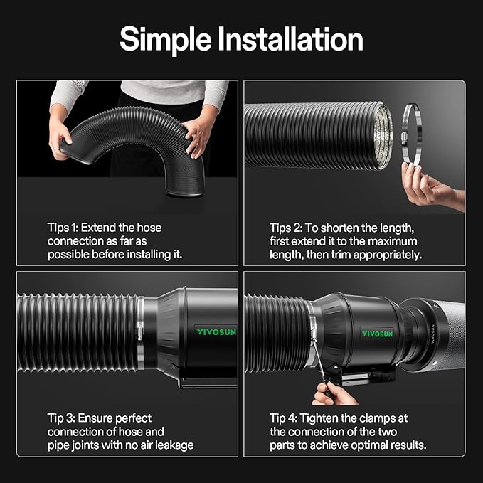 VIVOSUN Dryer Vent Hose, 8 inch Aluminum Foil Ducting, 25FT Long Heavy-Duty Dryer Hose Vent Kit for HVAC Ventilation, Exhaust, Duct Fan Systems, Black Flexible Air Duct w/ 2 Clamps