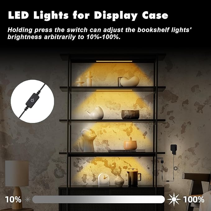 JUSJUBR Black Display Shelf Lighting, 4 Pack x12 Inch Display Lights for Display Case, LED Display Lights with Memory Function, Display Cabinet Lights for Pantry/Shelf/Case, Warm White 3000K