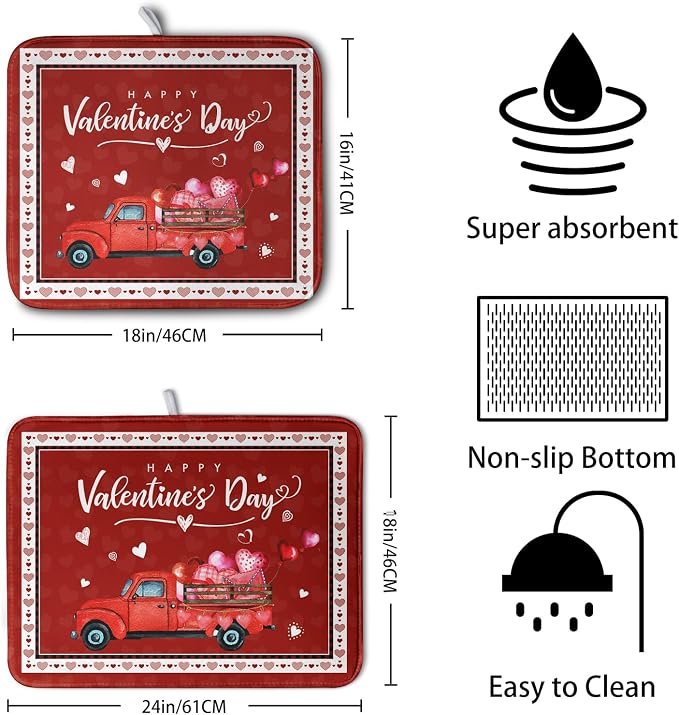 Valentine Red Truck Love Heart Dish Drying Mat 16x18 Inch Happy Valentine's Day - Image 2