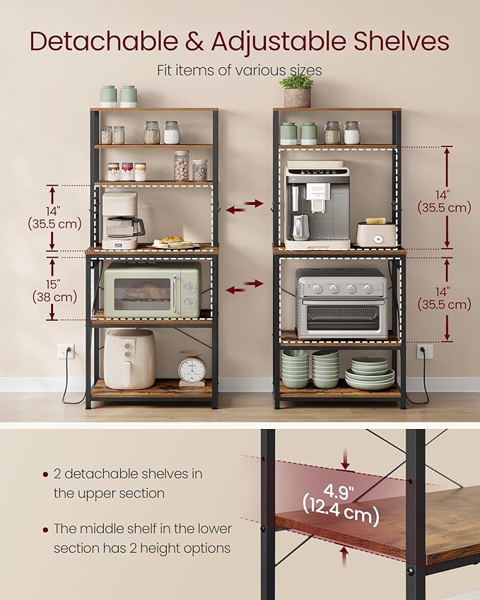 VASAGLE Bakers Rack with Power Outlet, 23.6 Inches Coffee Bar for Kitchen with Storage, 6-Tier Kitchen Shelves with 6 Hooks, Microwave Stand, Industrial, Rustic Brown and Ink Black UKKS124K03