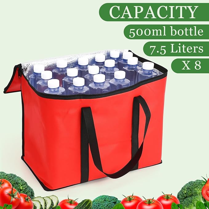 Kenning 8 Pcs Large Insulated Reusable Grocery Bags with Sturdy Zipper and Handles Foldable Washable Cooler Totes Heavy Duty Hot or Cold Food Delivery Bag for Food Transport Travel Lunch (Red Black)