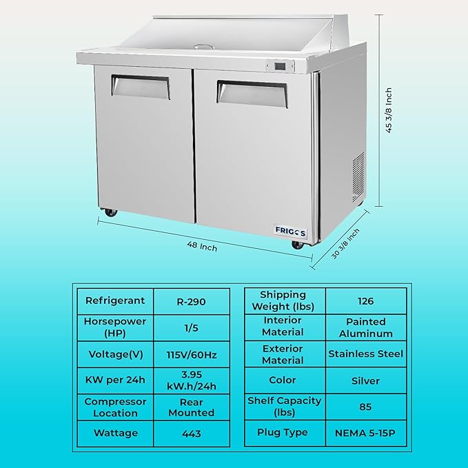Frigos FG-SWPT-48 13.8 Cu Ft 2 Door Commercial Sandwich Prep Table Refrigerator - Stainless Steel Exterior with LED Lighting - Ideal for Commercial Kitchen Salad Bar Included Liftgate