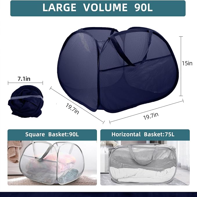 Collapsible Laundry Baskets, 90L Large Foldable Laundry Basket, Durable Mesh - Image 4