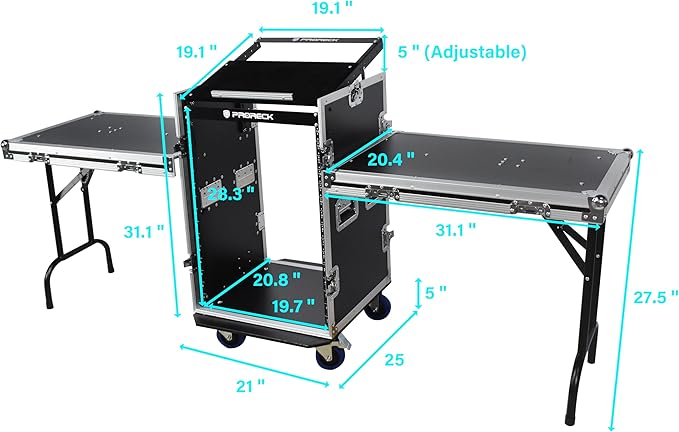PRORECK 16U Rack/Road Case With Slant Mixer Top, Two Side table And Casters, 20'' Rackable Depth, Plywood, 16U Installation Size, Pro Stage Performance.