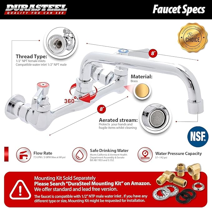 DuraSteel 304 Commercial Stainless Steel Utility Sink - 18 Inch Tub Freestanding Prep Kitchen Sink w/Faucet - NSF Hand Wash Station for Kitchen Sinks, Outdoor, Laundry Room, Garage Small Kitchenette