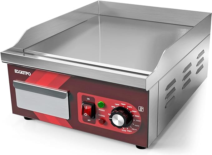 EGGKITPO 14 Inch Electric Griddle, Non-Stick Flat Top Grill Commercial Electric Countertop Griddles Stainless Steel Adjustable Temperature Control 90℉-575℉ for Home or Restaurant Use