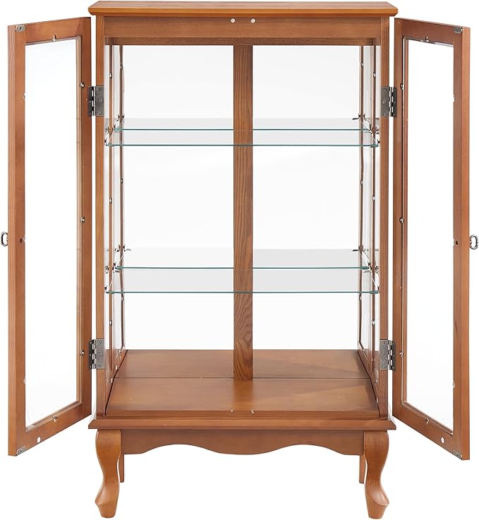 43" H Lighted Curio Cabinet Display Case with Light Bulb, Glass Curio Cabinet with Adjustable Shelves & Tempered Glass Door, Wooden Cabinets w/Mirrored Back Pane for Living Room(Oak)