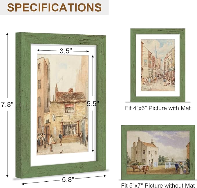 Vittanly 5x7 Picture Frame, Solid Wood Frame with Plexiglass, Includes 4x6 Mat, Wall Hanging or Tabletop for Home Decor, Rustic Green, 1 Pack