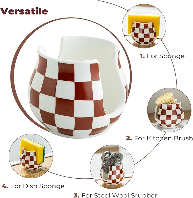 Zoeeker Sponge Holder for Kitchen Sink, Ceramic Checkered Dish Sponge Caddy - Image 4