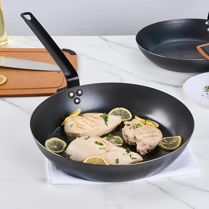 Restaurantware-Met Lux 13 Inch Fry Pans, 6 Lightweight Frying Pans - Induction-Ready, Triple-Riveted, Black Carbon Steel Cooking Skillets, Durable, For Searing, Sauteing, And Browning Food