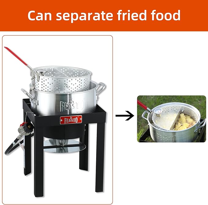 10 Qt Fish Fryer Pot and Basket, Aluminum Propane Fish Fryer Kit with 50,000 BTUs Output and Thermometer for Outdoor and Backyard Cooking, Silver & Black