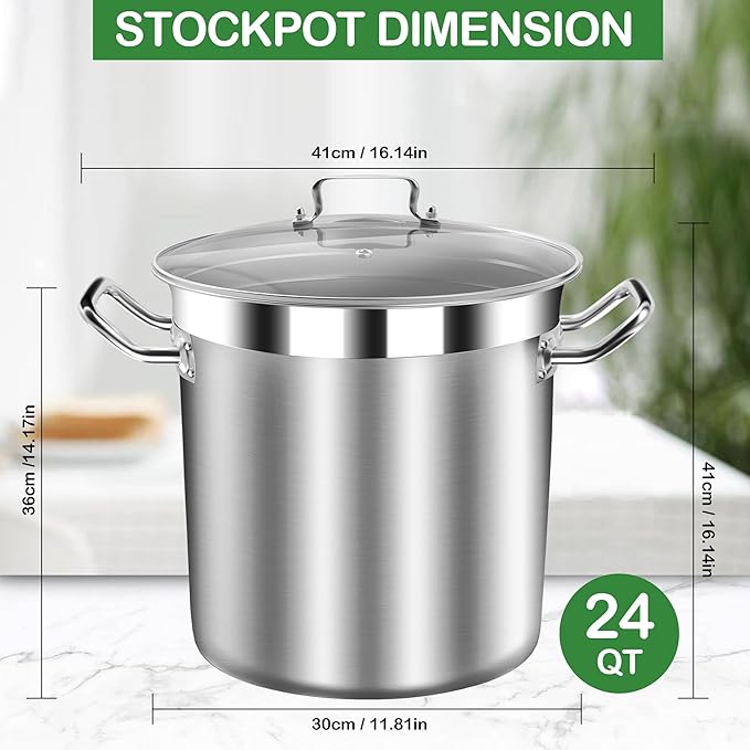Stainless Steel 24 Quart Stockpot with Tempered Glass Lid, 3-Ply Base, 6 Gallon, Polished Finish, Suitable for Stovetop and Oven, Dishwasher Safe