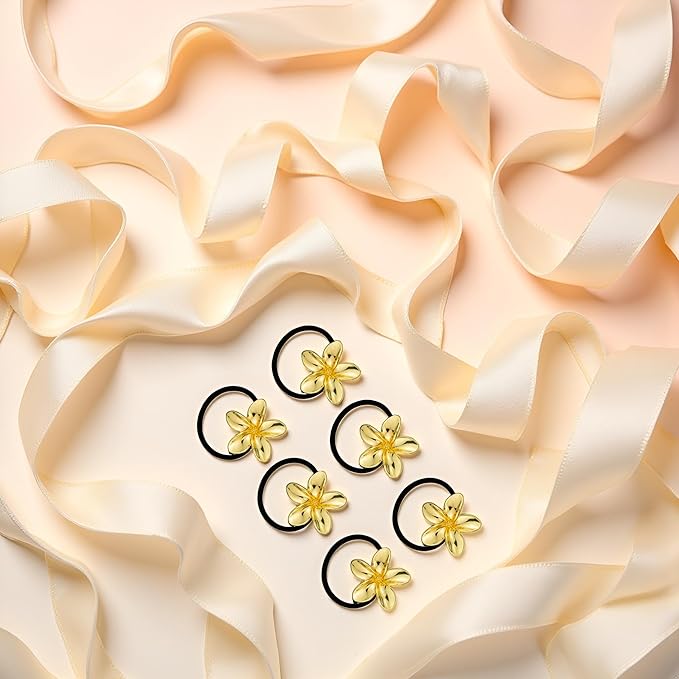 6PCS Gold Floral Hair Ties - Hair Charms Gold Ponytail Holders, Decorative Metal Hair Cuffs for Women