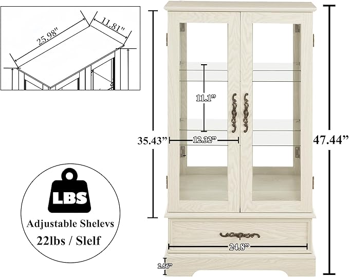 47" H Lighted Curio Cabinet Display Case, Glass Case with Adjustable Shelves,Tempered Glass Door and Drawer, Wooden Curio Cabinet with Mirrored Back Pane for Living Room (Antique White)