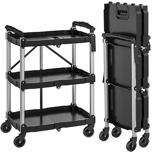 YITAHOME 240LBS Folding Utility Cart with Wheels, 3 Tier Foldable Service Cart Collapsible Rolling Cart with 360° Swivel Wheels (2 with Brakes), Portable Tool Cart for Home Garage Restaurant Office