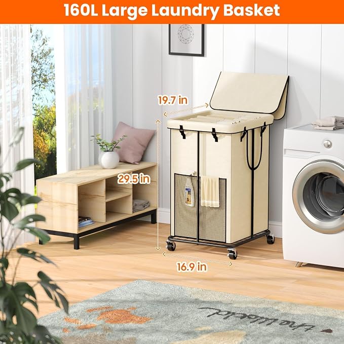 160L Laundry Hamper with Lid & Wheels, Rolling Laundry Basket with Bag - Image 2