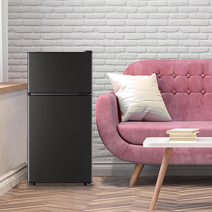 Mini Fridge with Top Freezer Apartment Size Dual Door Compact Small Refrigerator for Personal Use Small Mini Fridge with Egg tray, 7 Temperature Control For Dorm, Apatmet, Dark Grey