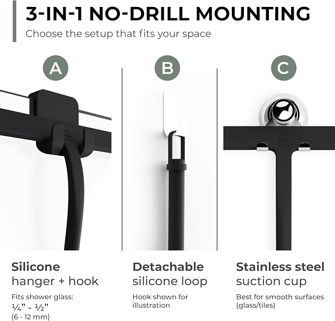 Silicone Shower Squeegee with 3-in-1 No-Drill Mount, Streak-Free & No-Squeak - Image 3