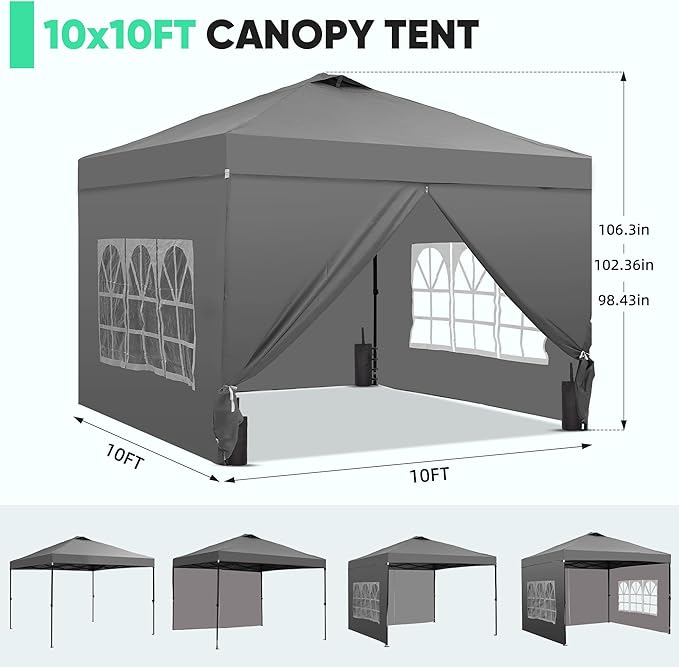 Saemoza 10x10 Pop Up Canopy Tent with One Push Setup, Portable Sun Shade Tent, Instant Easy Up Canopy with 4-Sidewalls & Handbag, Outdoor Fldable Gazebo with Vent Top, Grey.