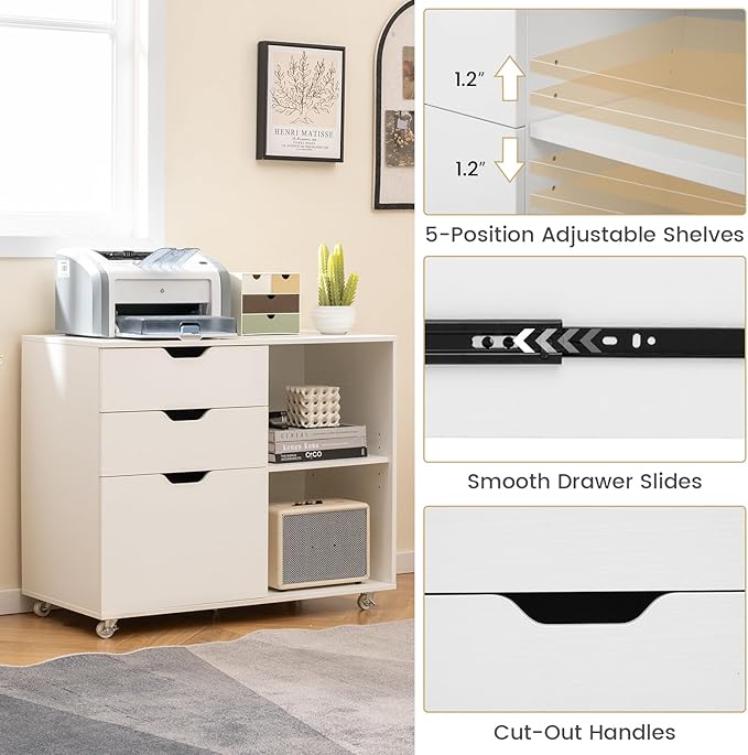 File Cabinet, Mobile Filing Cabinet w/Universal Wheels & 3 Drawers, Wood Printer Stand with Storage, Rolling File Cabinets for Home Office, Living Room, Bedroom (White, 3 Drawers)