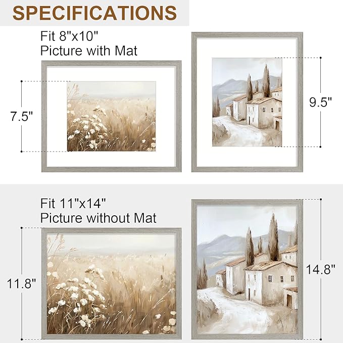Vittanly 11x14 Picture Frame Set of 2, Solid Wood Frame for Wall Art Photo and Prints, Display Photo 8x10 with Mat or 11x14 without Mat, Grey