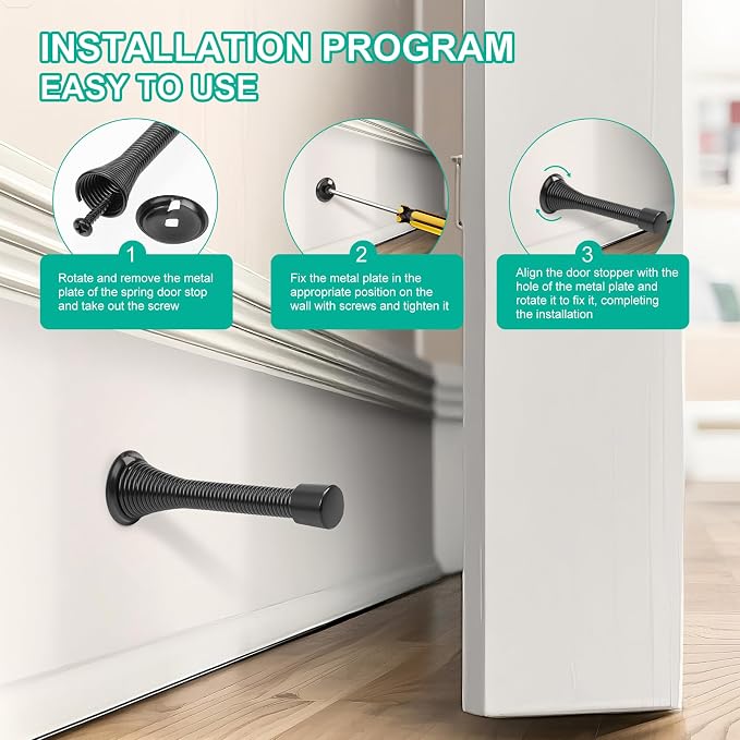 12 Pack Black Spring Door Stops, 3-1/4" Heavy Duty Wall Mount Door Stoppers - Image 5