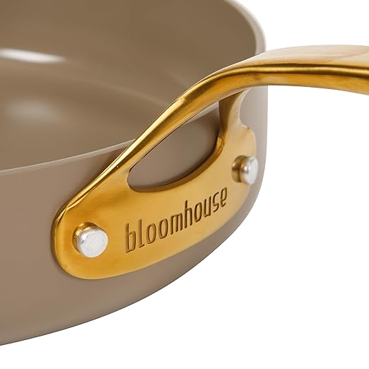 Bloomhouse - Two Time Oprah's Favorite Things Winner - 8 Inch Heavy Duty Aluminum Premium PFA Free Ceramic Nonstick Saute/Deep Frying Pan Skillet - Cappuccino Cream with Gold Handle