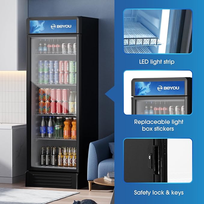 BEYOU Commercial Beverage Refrigerator, 12.2 cu. Ft Upright Display Merchandiser with single Glass Door, Drink Cooler for Living Room,Bar,Garage（Black）