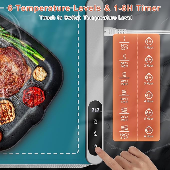 FYY Warming Mat for Food with Heat Resistant Pad, Prevent Countertop Cracks, Keep Meal Warm, Rapid and Full Surface Heating, 6 Temp Settings, 6H Timer, Rollable Portable Food Warmer Mat Dark Green