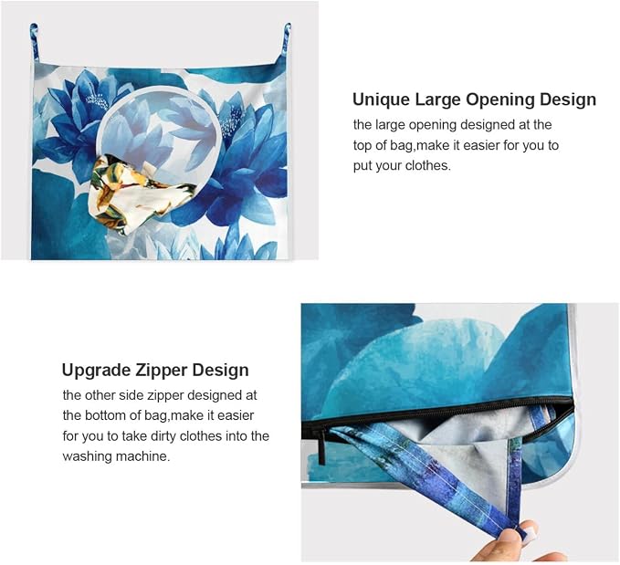 Ink Blue Lotus Flower Hanging Laundry Hamper Door Hampers Bag Basket - Image 4