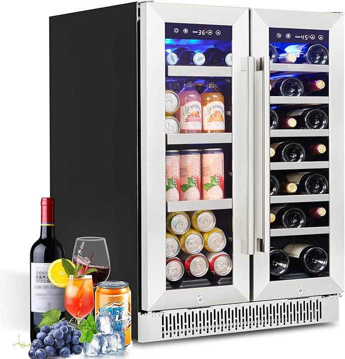 24 Inch Wine and Beverage Refrigerator, Dual Zone Wine and Drink Fridge with Glass Door&Lock for 20 Bottles and 60 Cans, Under Counter Wine Cooler Refrigerator Built-in Counter or Freestanding