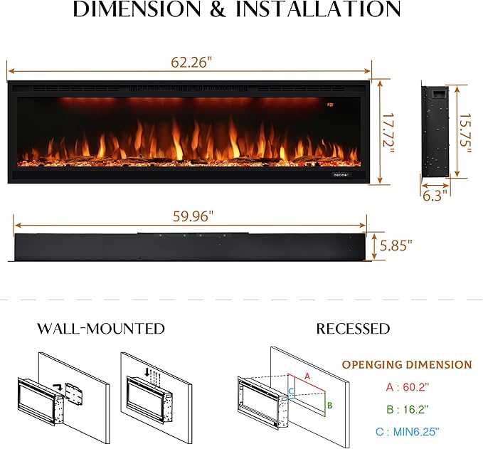 60 inch Smart Linear Electric Fireplace, Recessed and Wall Mounted Fireplace Inserts with Remote Control, Adjustable Flame Color, Lights, Temperature, Overheating Protection& Timer, 750W/1500W, Black