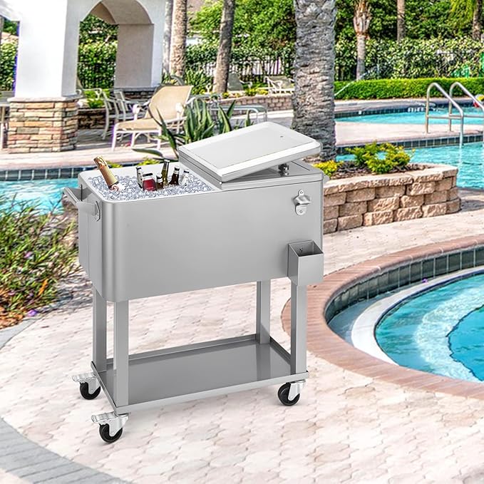 EDOSTORY 80 Quart Rolling Ice Chest Cooler Cart,Patio Backyard Party Drink Beverage Bar Stand Up Cooler Trolley with Ice Scoop