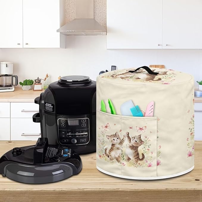 Xoenoiee Cute Cat Butterfly Floral Print Pressure Cooker Cover Kitchen Appliance Dust Cover with Pockets for Rice Cooker Air Fryer Slow Cooker, for 3 Qt Pot