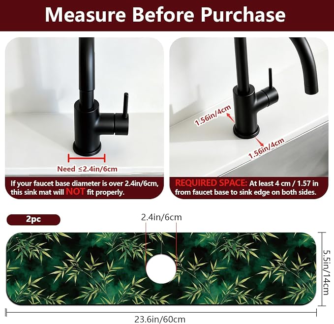 2 Pcs Kitchen Sink Splash Guard Faucet Mat Bamboo Leaves Pattern Faucet Mat - Image 2