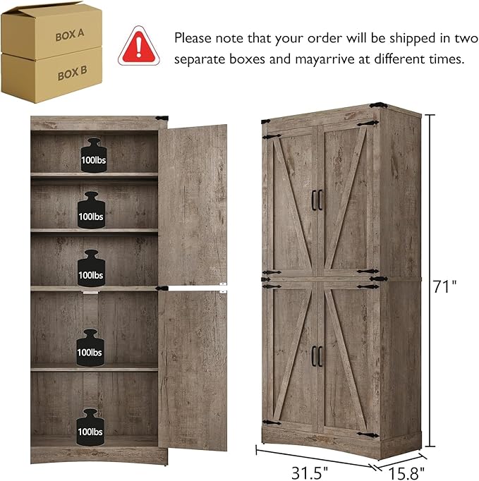 71in Farmhouse Kitchen Pantry Cabinet,Tall Storage Cabinet with 4 Doors and Adjustable shelves,with Load-Bearing Steel Pipe,Wood Storage Cabinets for Kitchen,Dining Room,Bathroom(Light Rustic Oak)