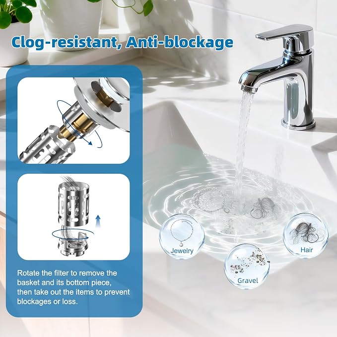 Hibbent 2 Pack Bathroom Sink Drain Strainer, 3 in 1 Pop Up Stopper | Universal - Image 2