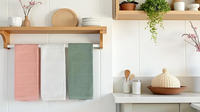 Sage Pink White Kitchen Hand Dish Towels, 100% Cotton - Image 9