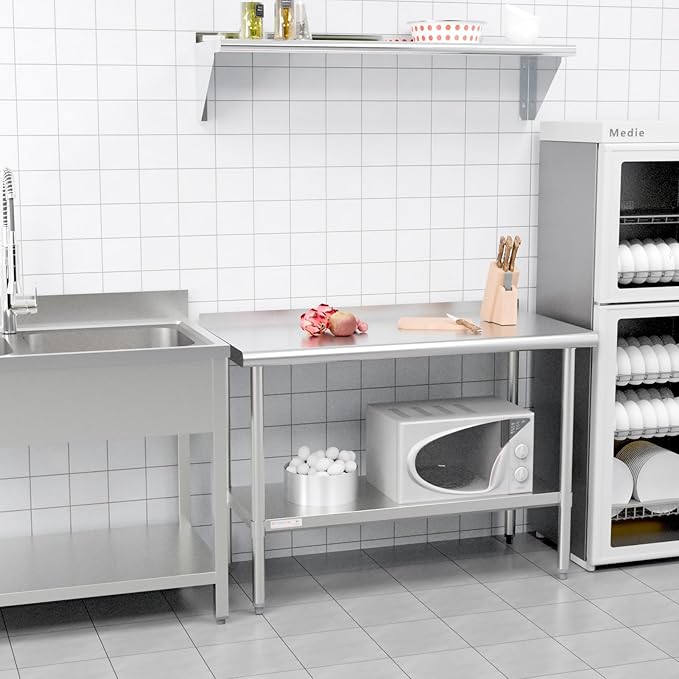 STABLEINK NSF Stainless Steel Prep and Work Table 24 x 60 Inches 5ft Heavy Duty Metal Table with Backsplash and Undershelf for Commercial Kitchen, Restaurant,Home, Laundry Room
