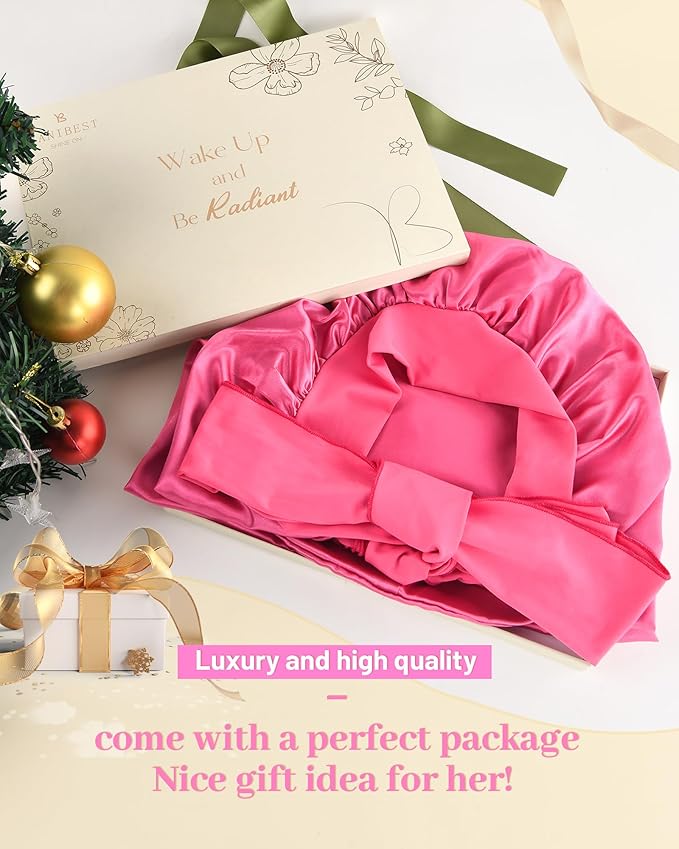 YANIBEST Long Bonnet Satin Bonnet for Sleeping Braid Bonnet with Tie Band Silk Sleep Bonnet for Women Locs Hot Pink