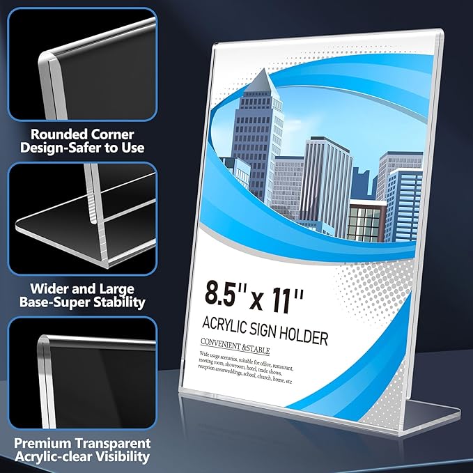 Acrylic Sign Holder 8.5 x 11 10 Pack, Double-Sided Clear Sign Holder Plastic Stands for Display, Table Sign Stands, L Shape Flyer Holder