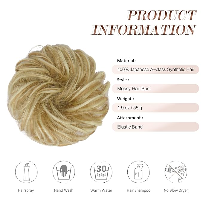 FESHFEN Large Messy Bun Hair Piece - Wavy Synthetic Chignon Scrunchies Elastic Ponytail Hair Extensions Thick Hairpieces for Women, Light Ash Brown & Bleach Blonde 1.94oz