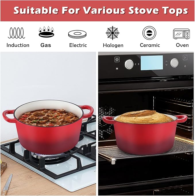 TeamFar Enameled Cast Iron Dutch Oven, 6 Quart Pot with Lid & Dual Handles - Heavy Duty Cookware Oven Safe up to 500° F for Bread Baking, Stews, Braising, Roasting - Red