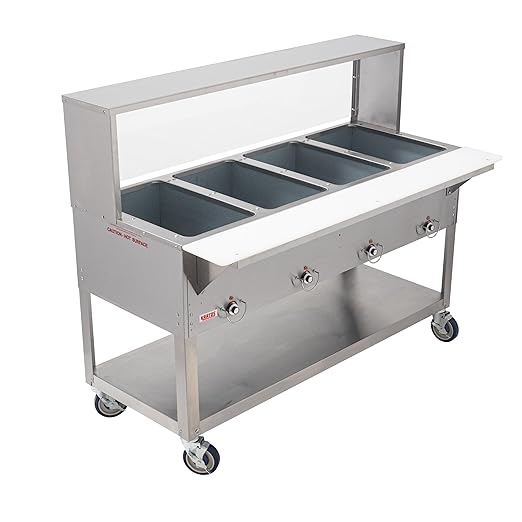 Kratos Commercial Mobile Electric Steam Table/Hot Food Table with Overshelf and Sneeze Guard, 4 Wells, Stainless Steel, NSF, 120V (28W-203)