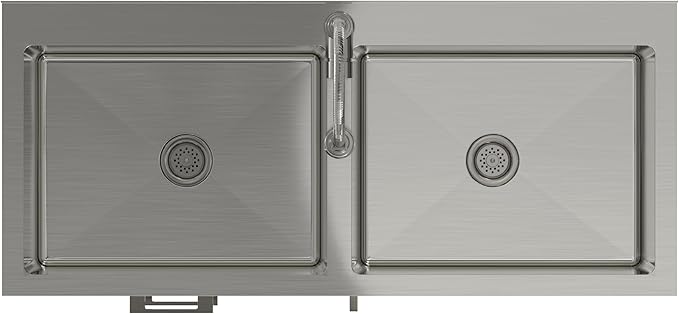 SIMPLIHOME Hennessy All-in-One 46 inch Wide Utility Sink and Laundry Cabinet in Pure White Finish, Transitional Stainless Steel Dual Sink Cabinet for Laundry Rooms with High-Arch Chrome Faucet